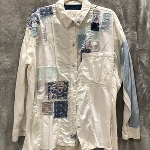 We The Free Patchwork Shirt Jacket in Blue and White Medium